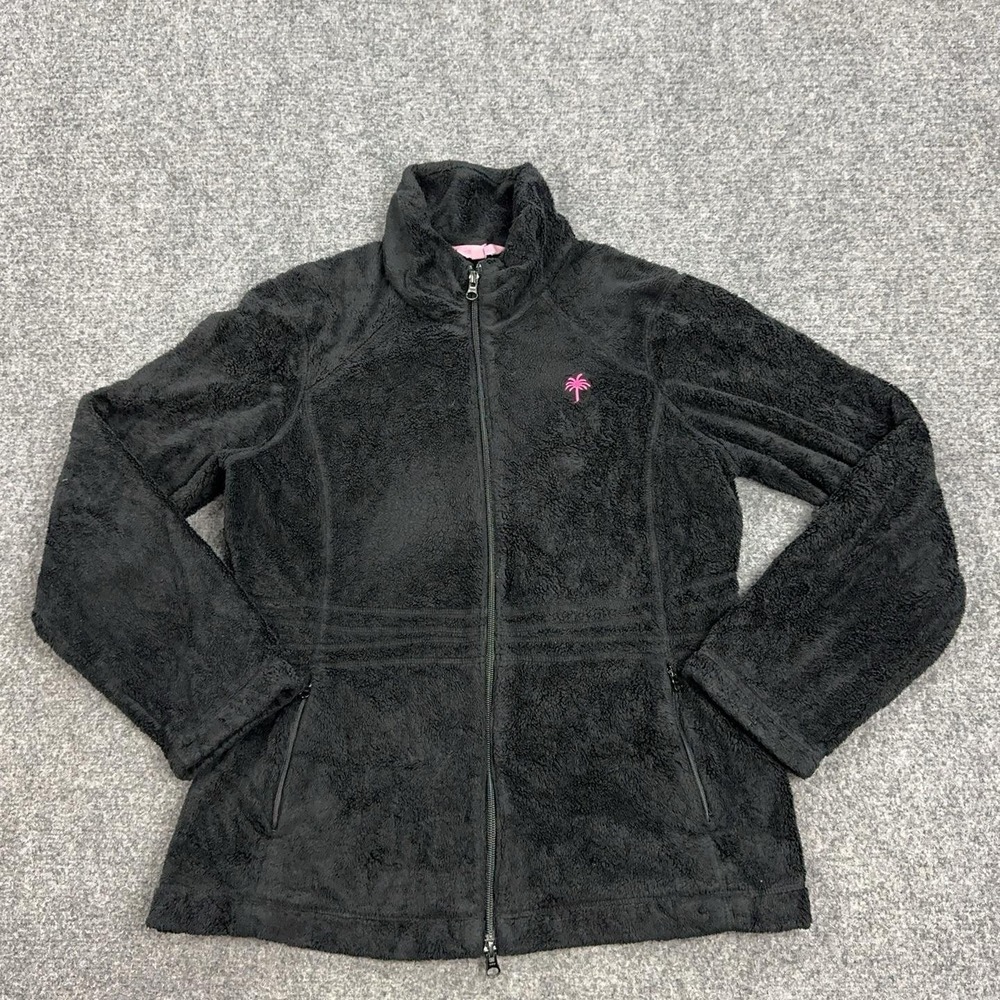 Lilly Pulitzer Jacket Womens Medium Black Fleece Full Zip Palm Logo Pockets